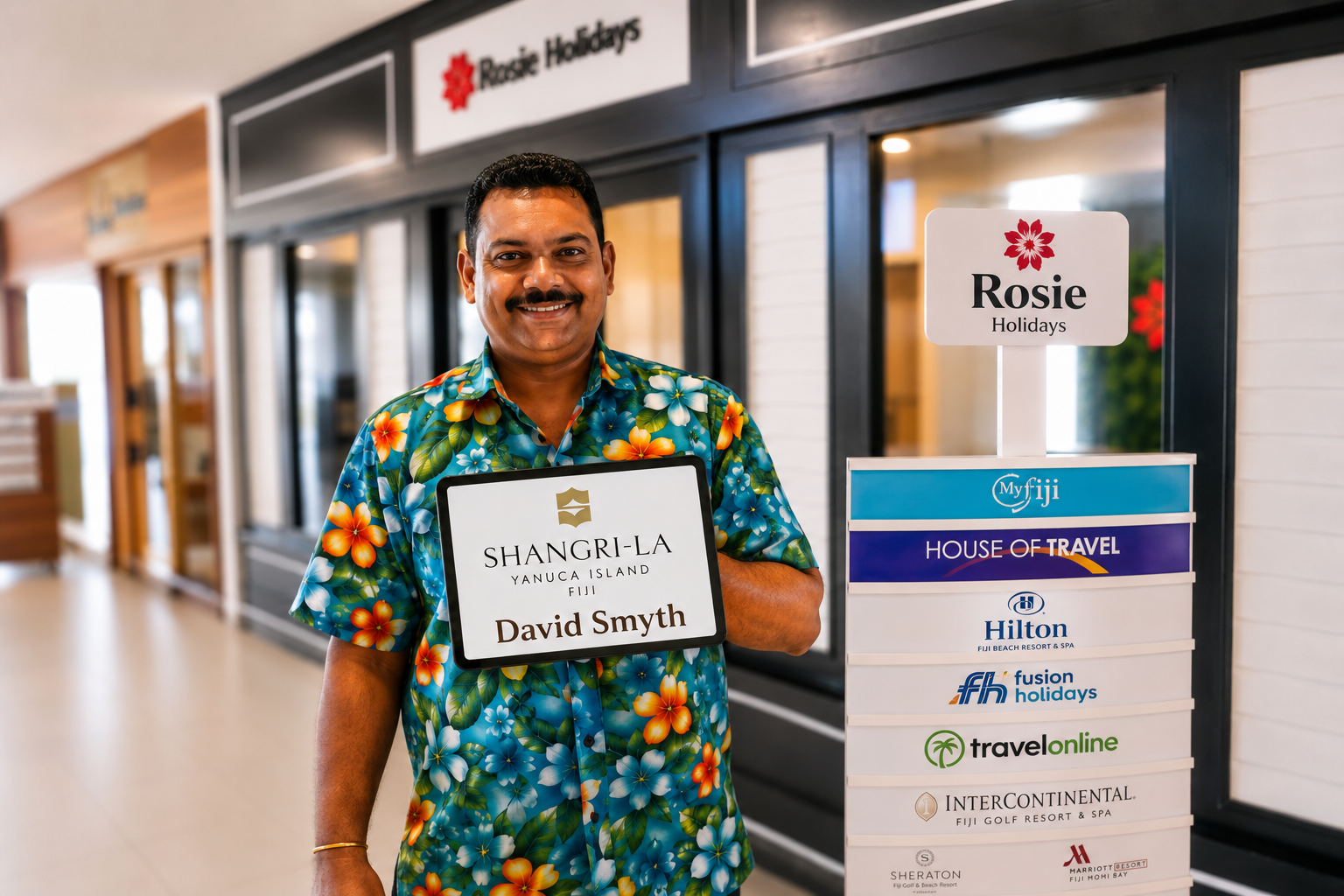 Rosie Holidays driver concierge with Holiday Inn welcome sign at Nadi Airport