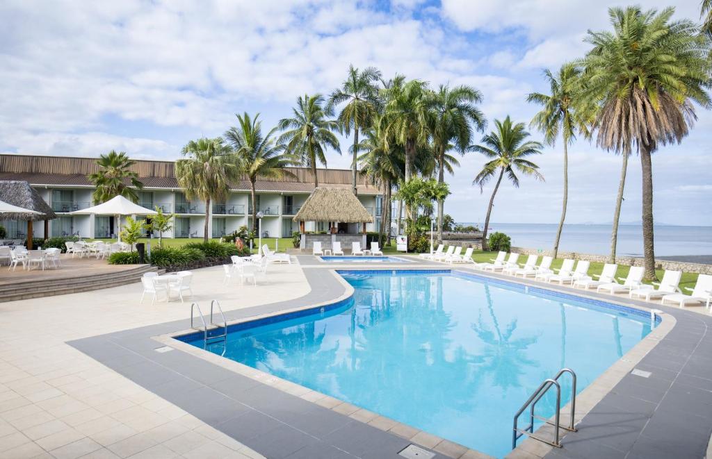 Aerial view of Holiday Inn Hotel Suva Fiji resort and beach